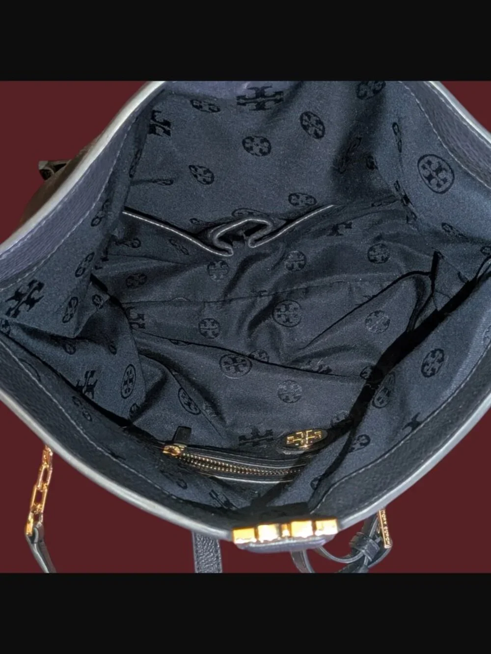 Tory Burch Sammy Dark Navy Gold Tone Hardware Pebbled Leather Magnetic Purse